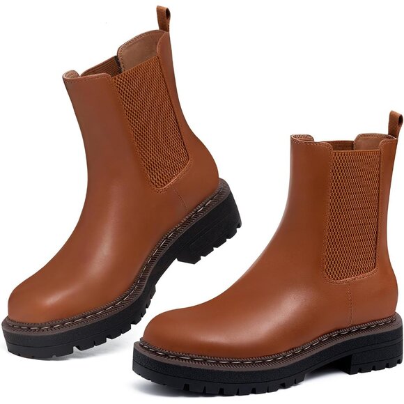 Athlefit Women Brown Chelsea Wedge Platform Slip on Lug Sole Elastic Ankle Boot - Picture 5 of 6